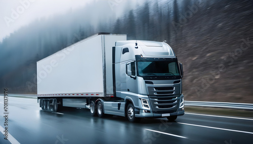 Semi truck driving on a road. Semi truck shipping commercial cargo in refrigerated semi trailer. Truck is driving fast with a blurry environment. Concept of cargo transportation and delivery of goods.