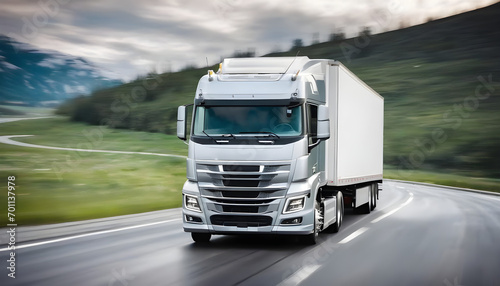 Semi truck driving on a road. Semi truck shipping commercial cargo in refrigerated semi trailer. Truck is driving fast with a blurry environment. Concept of cargo transportation and delivery of goods.