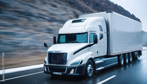 Semi truck driving on a road. Semi truck shipping commercial cargo in refrigerated semi trailer. Truck is driving fast with a blurry environment. Concept of cargo transportation and delivery of goods. photo