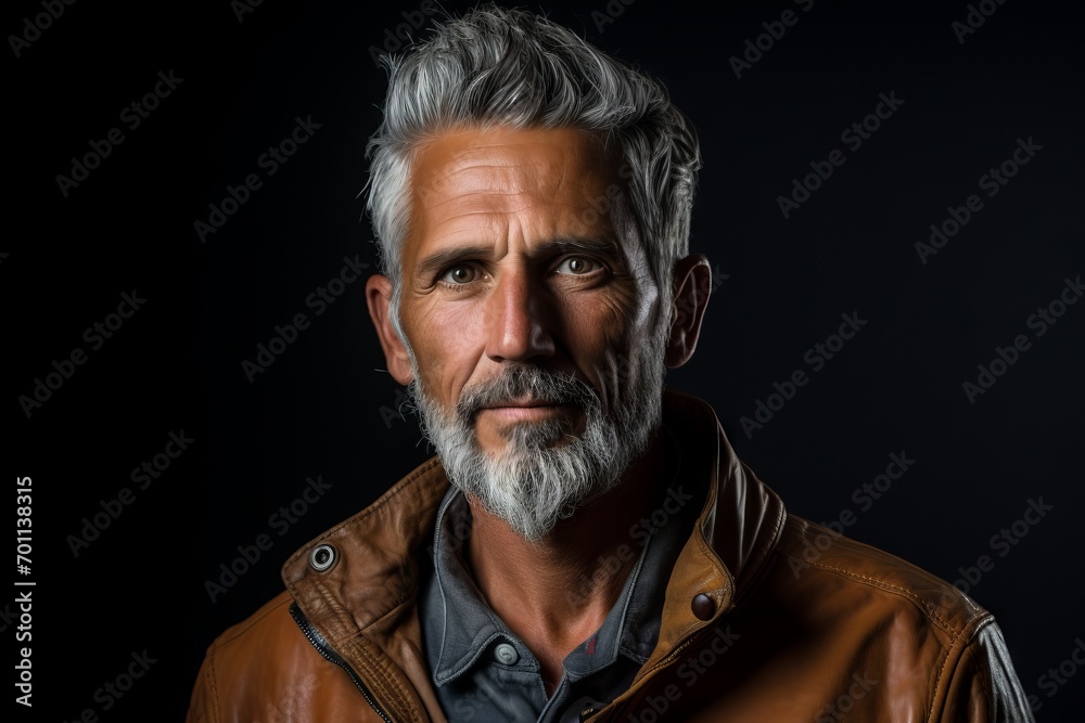 Portrait of a handsome middle-aged man with a gray beard and mustache in a brown leather jacket on a dark background Portrait of a handsome middle-aged man with a gray beard and mustache in a brown leather jacket on a dark background