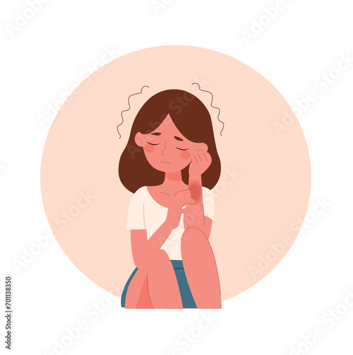 Suffering from pain in muscles, joints, injuries concept. Young unhappy woman cartoon character standing and holding painful palm feeling strong pain. 