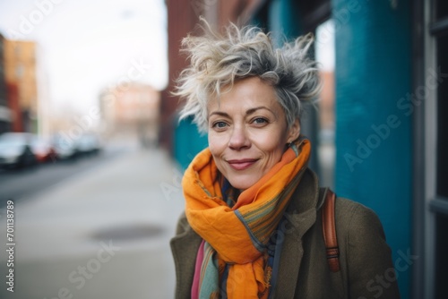 Portrait of a beautiful middle-aged woman with short hair in the street.