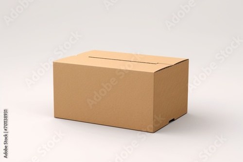 Single empty cardboard box with blank label, on a solid white background, lid open and curved to one side,