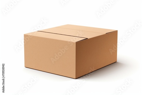 Single empty cardboard box with blank label, on a solid white background, lid fully open and lying flat against the surface, © Hanzala