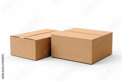 Single empty cardboard box with blank label, on a solid white background, box positioned at an angle to show three sides, © Hanzala