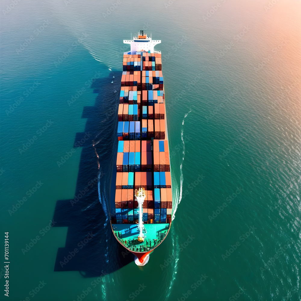 Aerial top view container ship full load container for logistics import export, shipping or transportation shipyard at sunrise, logistic import export and transport industry background