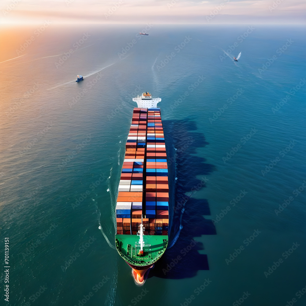 Aerial top view container ship full load container for logistics import export, shipping or transportation shipyard at sunrise, logistic import export and transport industry background