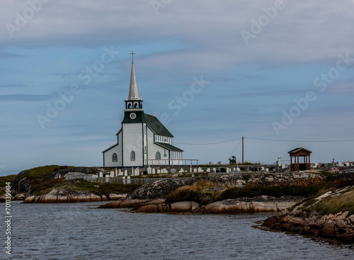 White wooden Church on a bay in Newfoundland