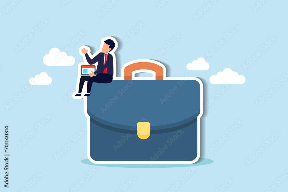 Work experience, expertise or professional employee, specialist skill, occupation or administrator work, wisdom or employment concept, confidence businessman working with computer laptop on briefcase.