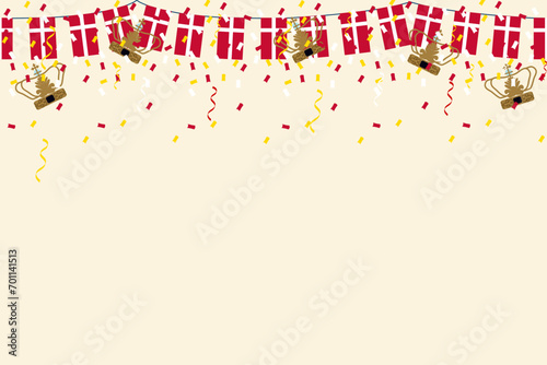 Denmark flag bunting coronation king with confetti  ribbon crown frame border background banner for decoration celebration parade ceremony party vector illustration