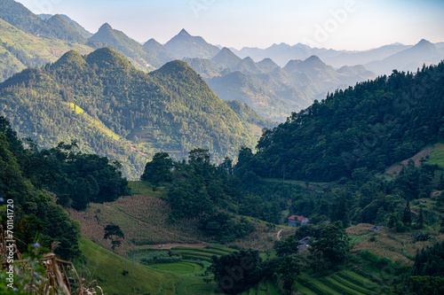 Vietnamese mountain landscape with mountains and rice fields