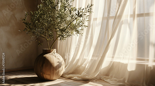 Weathercore Style Wooden Vase with Olive Tree Under Sheer Window Cover, Beige Tones photo