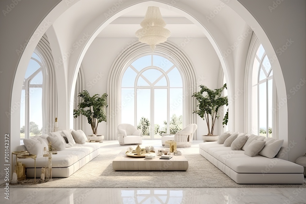 Bright and Airy Luxury Living Room with Arched Windows and Modern Decor