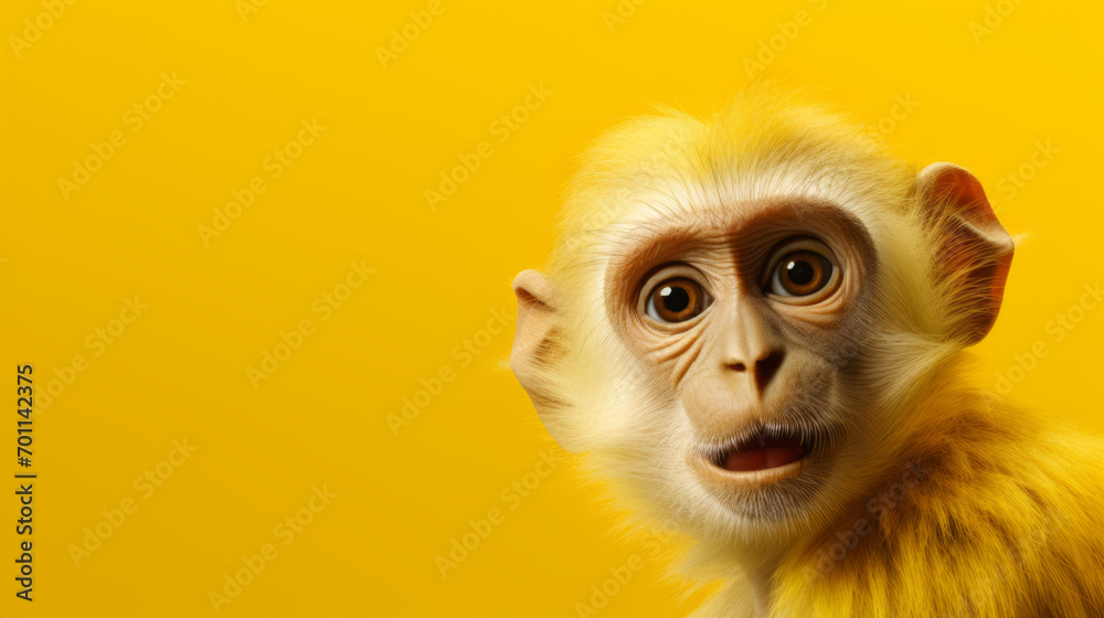 Kleiner süßer Affe schaut erstaunt mit offenem Mund. Gelber Hintergrund. - obrazy, fototapety, plakaty 