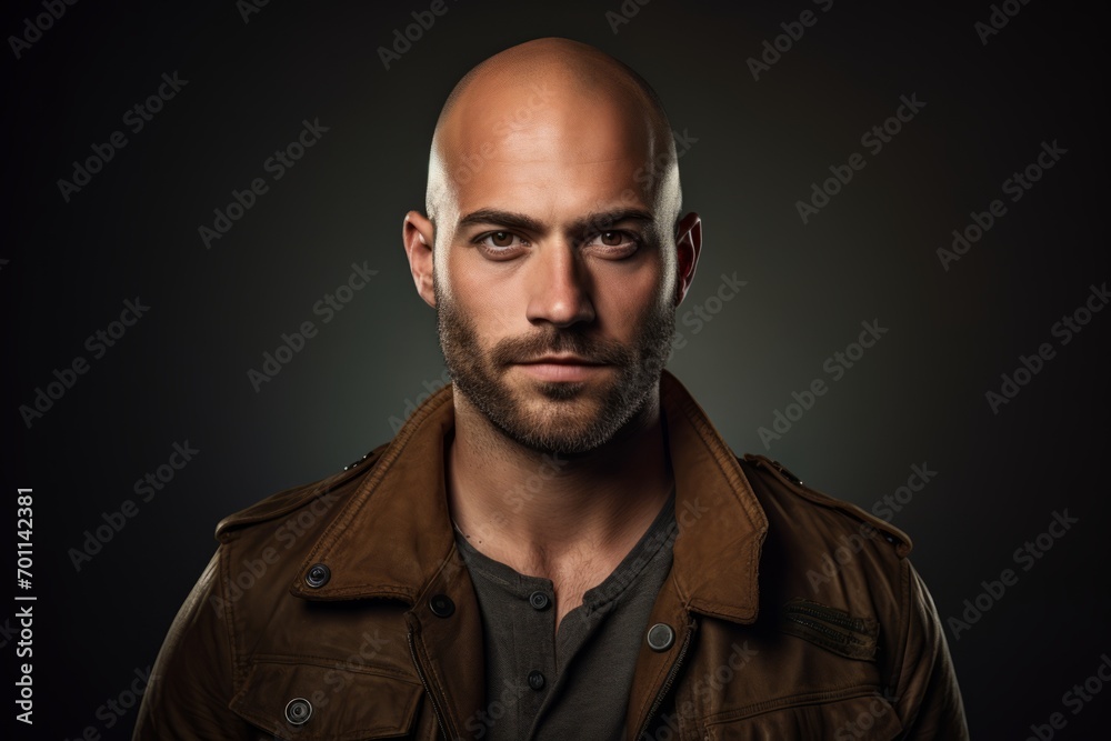 Portrait of a brutal man in a leather jacket on a dark background Portrait of a brutal man in a leather jacket on a dark background