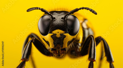 Makroaufnahme einer Biene auf gelbem Hintergrund. photo