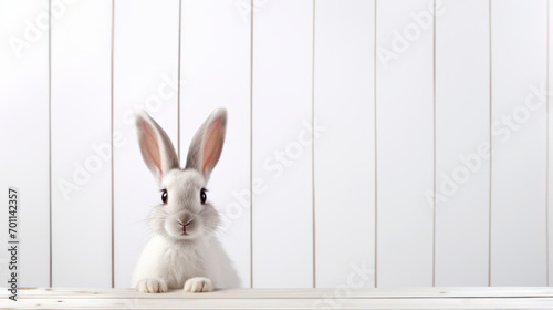 Ein weißer Hase schaut hinter einem Holztisch hervor.