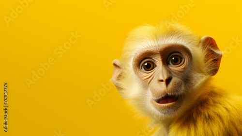 Kleiner süßer Affe schaut erstaunt mit offenem Mund. Gelber Hintergrund. photo