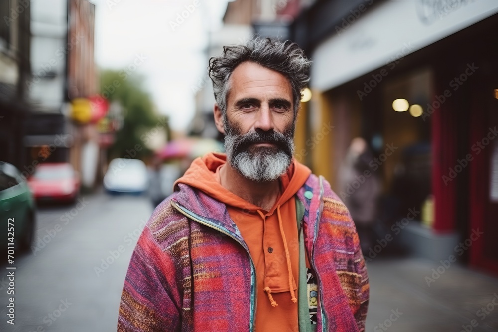 Portrait of handsome bearded hipster man with long gray beard and mustache, wearing orange jacket, standing in city street. Portrait of handsome bearded hipster man with long gray beard and mustache, wearing orange jacket, standing in city street.