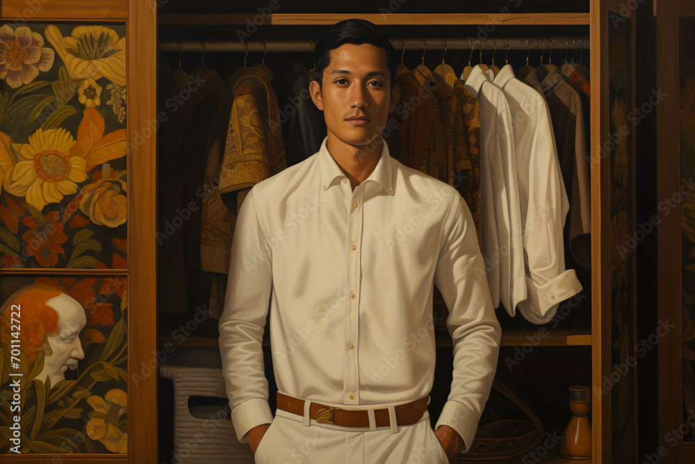 Portrait of a handsome asian man in a white suit standing in a wardrobe