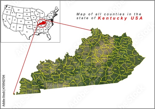 Map of all counties in the state of Kentucky USA