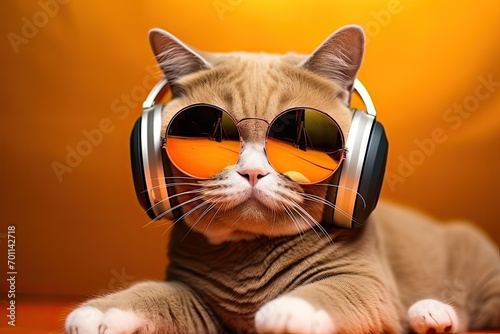 Cool Cat Relaxing with Sunglasses and Headphones © KirKam