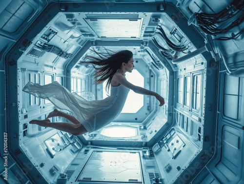 Young, beautiful lady defying gravity in a creative underwater photoshoot, capturing the essence of weightlessness in a stunning image. Surreal zero gravity flying in a futuristic spacecraft interior photo