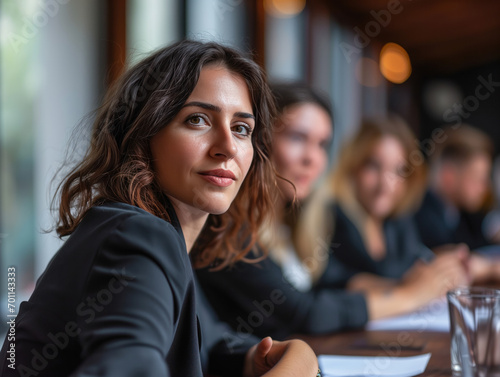 Confident and focused, a leader speaks to business professionals during negotiations. Whether conducting a meeting or persuading in a job interview, she's a businesswoman, teacher, and mentor coach photo