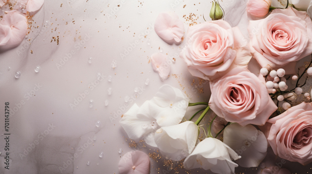 Fototapeta premium bouquet of roses with drops for background, product flat lay, invitation, greeting card, notepad, or decor