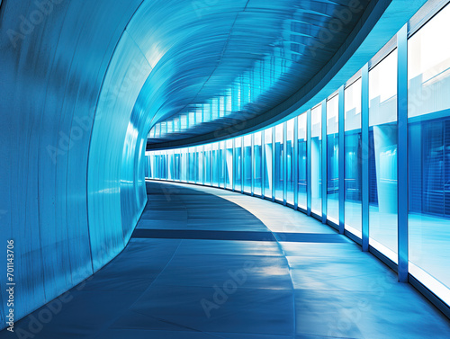 Futuristic Blue Tunnel with Sleek Curved Architecture and Reflective Surfaces