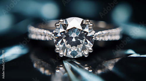 Platinum Silver Diamond Ring - Solitary Perfect Center Cut diamond with a pinched ribbon halo diamond band