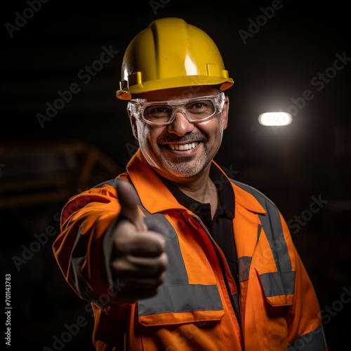Electrician wearing Safety Gear and Smiling at the Camera with a Big Thumbs Up in the Forefront of the Portrait: Wearing Shiny Yellow Hard Hat, Goggles/Safety Eye Equipment, and Reflective Coveralls.