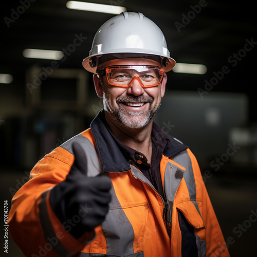 A Man in a Hard Hat, Safety Glasses, Gloves, And Reflective Vest/Coverall Jumpsuit Grinning at the Camera and holding a Positive Thumbs Up