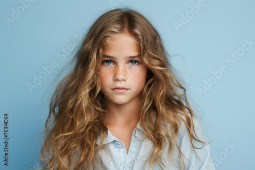 Portrait of a beautiful little girl with long hair on a blue background