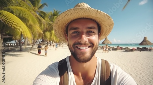 close-up shot of a good-looking male tourist. Enjoy free time outdoors near the sea on the beach. Looking at the camera while relaxing on a clear day Poses for travel selfies smiling happy tropical #701144385