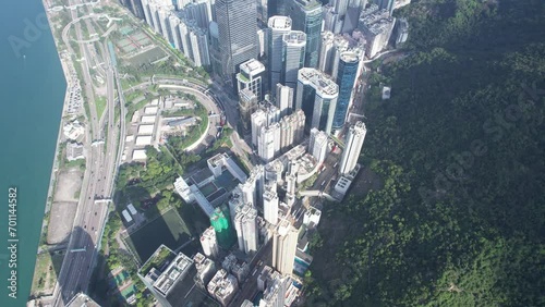 Aerial drone skyview of the residential and commercial area in Hong Kong East District at Victoria Harbour, near Kings Road in Tai Koo Shing and North Point Quarry Bay Shau Kei Wan Sai Wan  photo