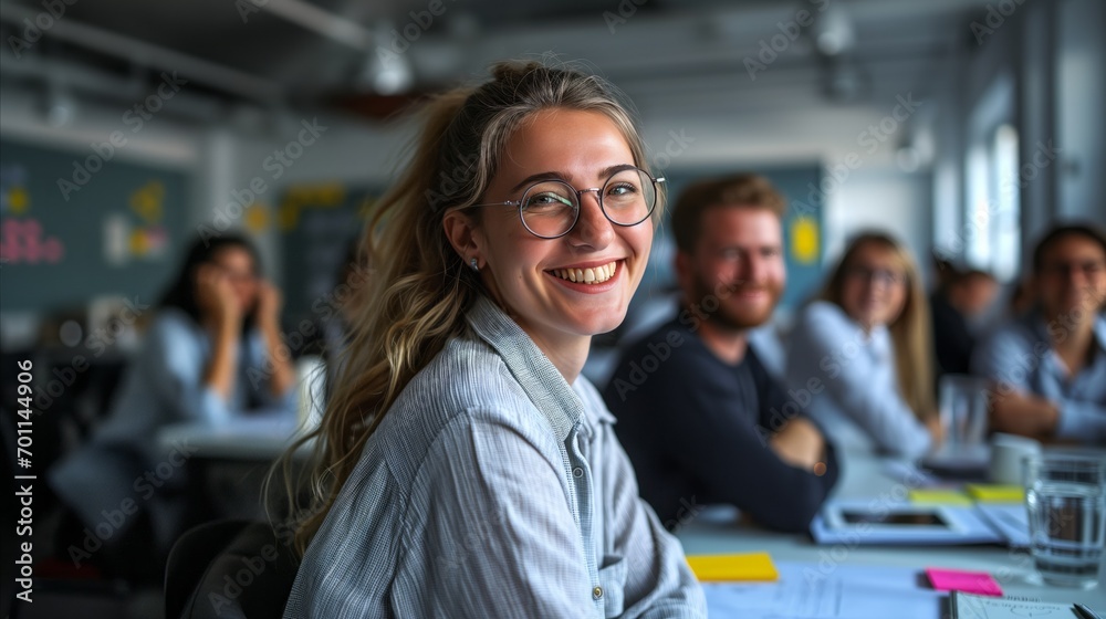 Woman in glasses smiling in the office. Woman in glasses smiling in the office.