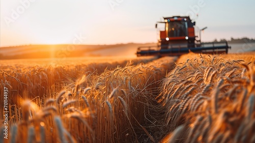A combine harvester is working on a wheat field at sunset. photo