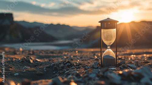 Hourglass egg-timer in the desert sand to represent time management © Sophie