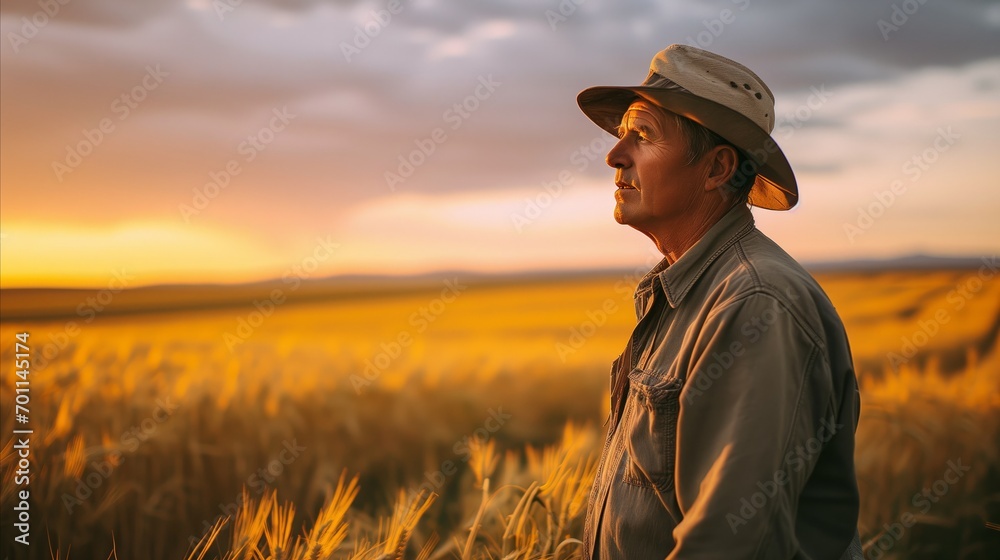 An older farmer standing in a wheat field. An older farmer standing in a wheat field.