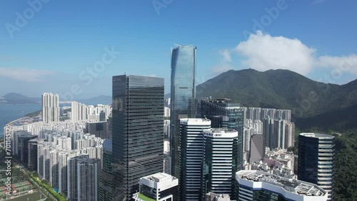 Aerial drone skyview of the residential and commercial area in Hong Kong East District at Victoria Harbour, near Kings Road in Tai Koo Shing and North Point Quarry Bay Shau Kei Wan Sai Wan  photo