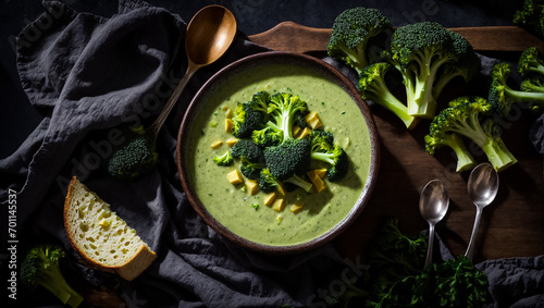 Appetizing cream of broccoli soup on the table lunch