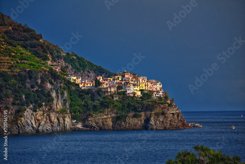 Cinque Terre views from hiking trails of seaside villages on the Italian Riviera coastline. Liguria, Italy, Europe. 2023 Summer. 