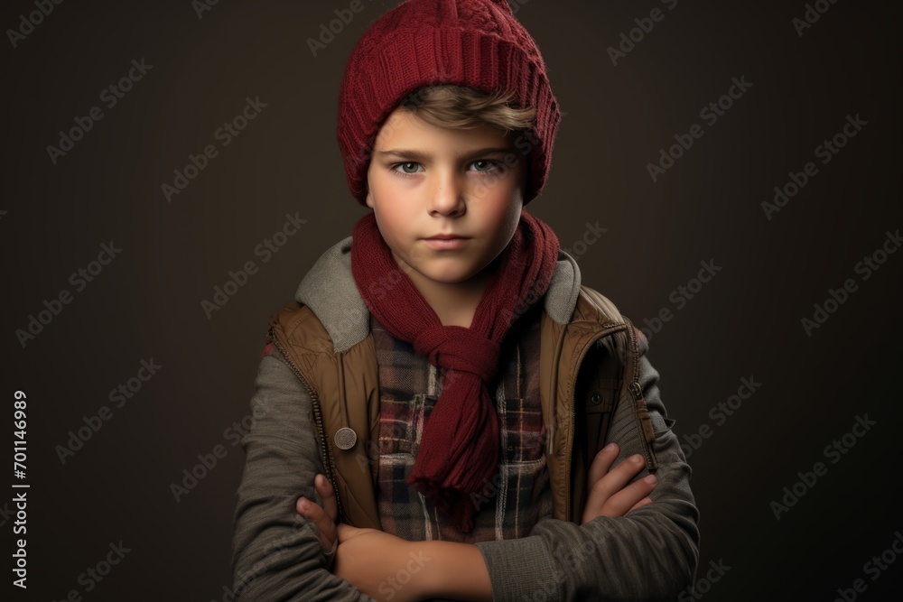 Portrait of a boy in a warm hat and scarf. Studio shot. Portrait of a boy in a warm hat and scarf. Studio shot.