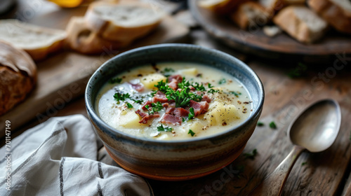 A bowl of loaded baked potato soup with ham and chiives and other seasonings. photo