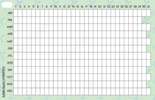 Plantilla flexible de calendario anual, color verde en inglés 