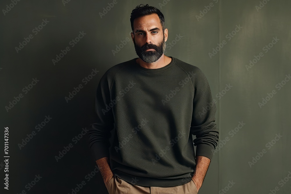 Handsome bearded man in a green sweater on a dark background Handsome bearded man in a green sweater on a dark background