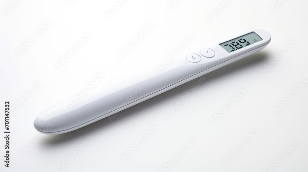 Clinical digital thermometer showing a normal body temperature on the display. The clear display and sleek design make it an essential healthcare tool for both home and professional use.
