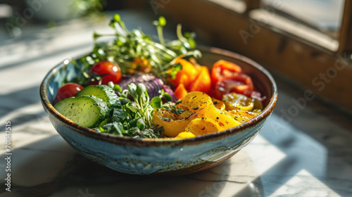Sunlit bowl of salad cradled in hands  emphasizing the personal preparation of a healthy meal. The natural light accentuates the freshness and inviting colors of the ingredients. 