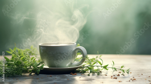 Cup of hot tea with steam rising, surrounded by fresh herbs on a wooden surface. The image evokes a sense of freshness and natural well-being. 